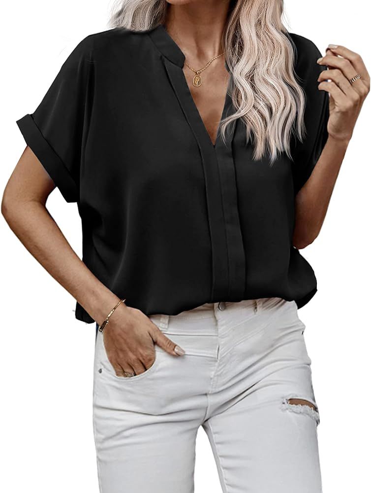 HOTOUCH Blouses for Women Dressy Casual Women Tops Short Sleeve V Neck Business Work Chiffon Shir... | Amazon (US)