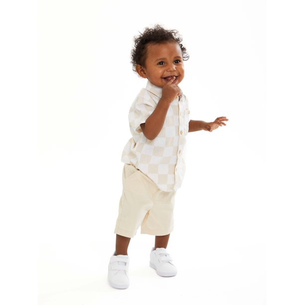 Wonder Nation Baby Boys Checkered Button Down Shirt and Shorts, 2-Piece Resort Set, Sizes 0-24 Mo... | Walmart (US)