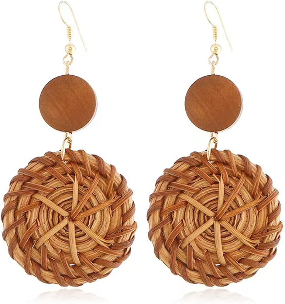 Bohemian Handmade Lightweight Rattan Earrings Geometric Wooden Woven Hollow Braid Hoop Drop Dangl... | Amazon (US)