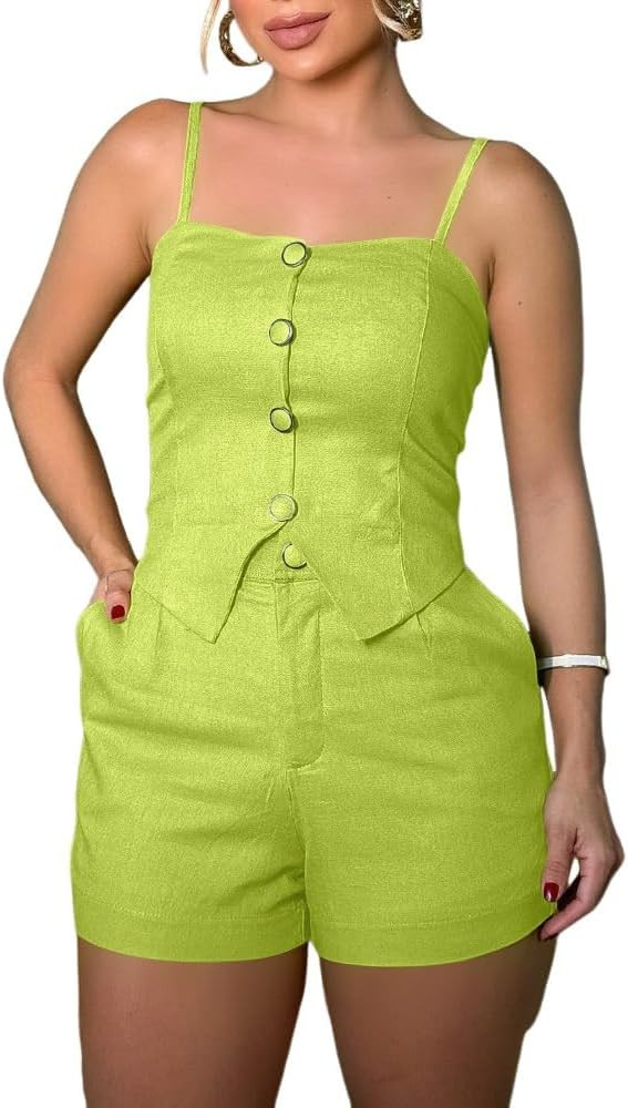 CHICME Women’s Beach Vacation 2 Piece Outfits Adjustable Spaghetti Straps Button Top and Casual... | Amazon (US)