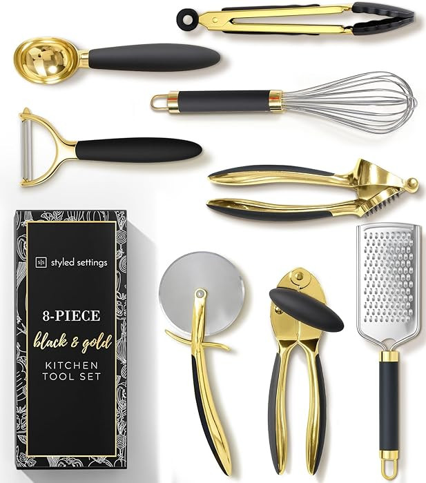 Black and Gold Kitchen Utensils - Luxe 8-Piece Gold Kitchen Tools Set with Can Opener, Pizza Cutt... | Amazon (US)