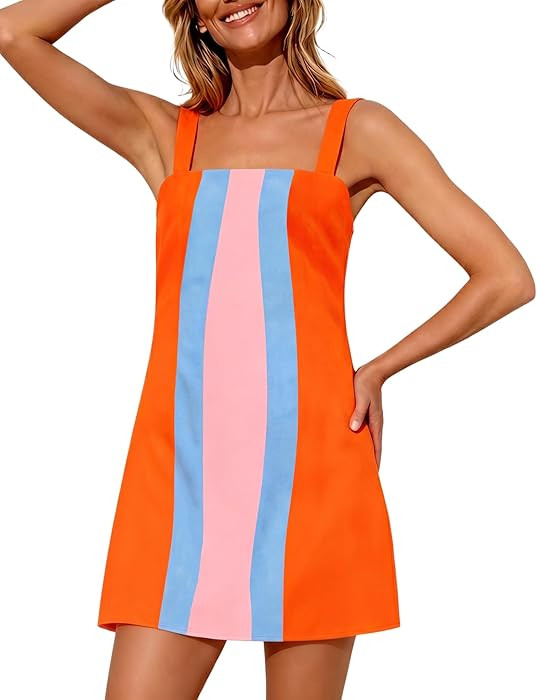 Women's Summer A-line Mini Dress Adjustable Straps Color Block Casual Beach Vacation Sundress wit... | Amazon (US)