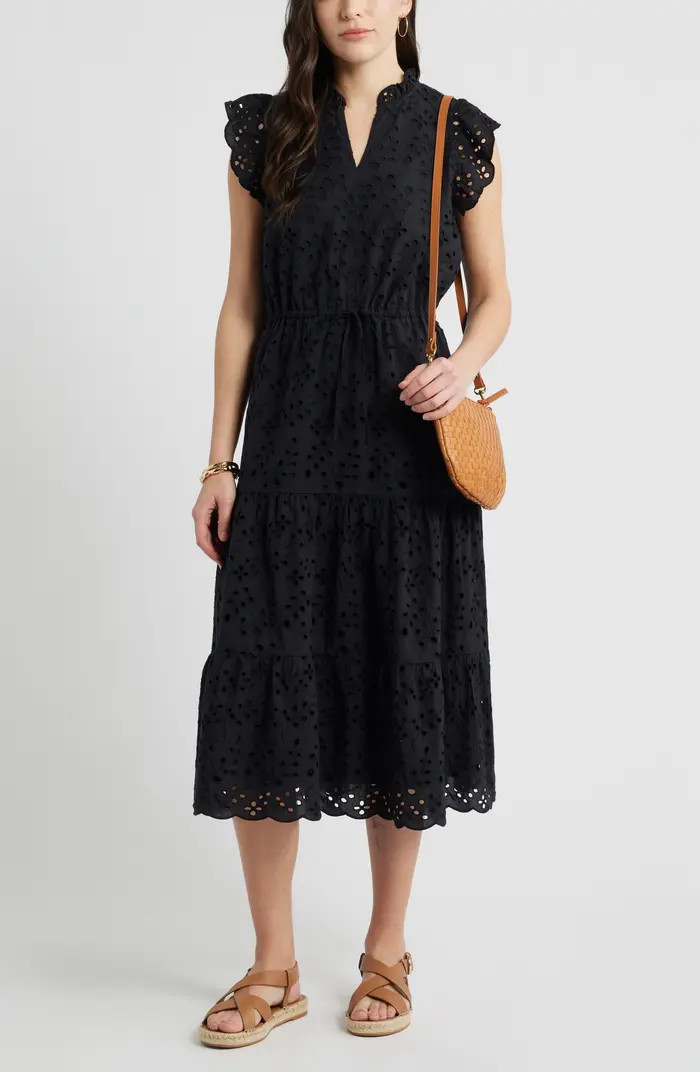 Caslon® Ruffle Flutter Sleeve Cotton Broderie Anglaise Midi Dress | Nordstrom | Nordstrom