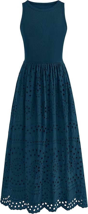 dowerme Women Summer Dresses 2026 Casual Sleeveless Crewneck A-Line Boho Lace Eyelet Cotton Tank ... | Amazon (US)