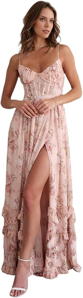Guramisi Floral Print Prom Dress Chiffon Spaghetti Straps Long Formal Gowns V-Neck A Line Evening... | Amazon (US)