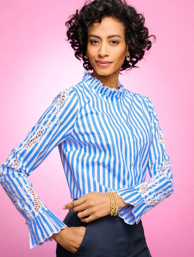 Embroidered Poplin Top - Tranquil Stripe | Talbots