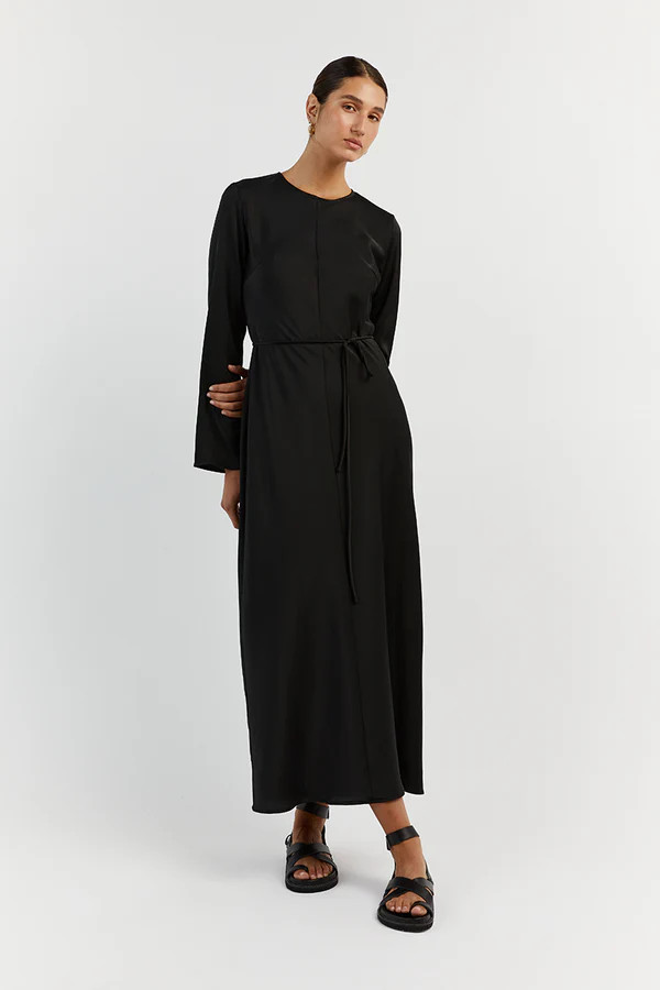 BLOOM BLACK SATIN LONG SLEEVE DRESS | DISSH