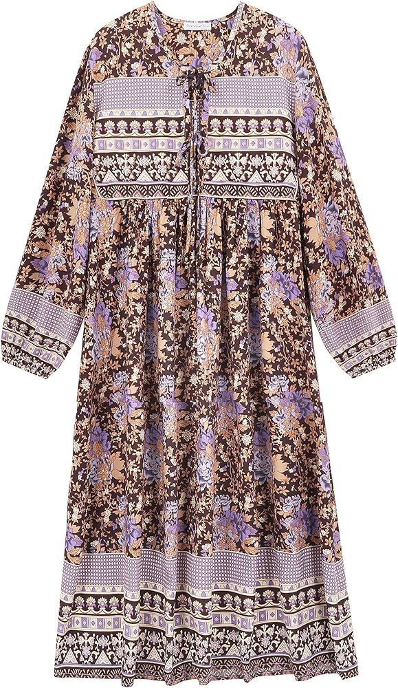 R.Vivimos Women's Long Sleeve Floral Print Retro V Neck Tassel Bohemian Midi Dresses | Amazon (US)