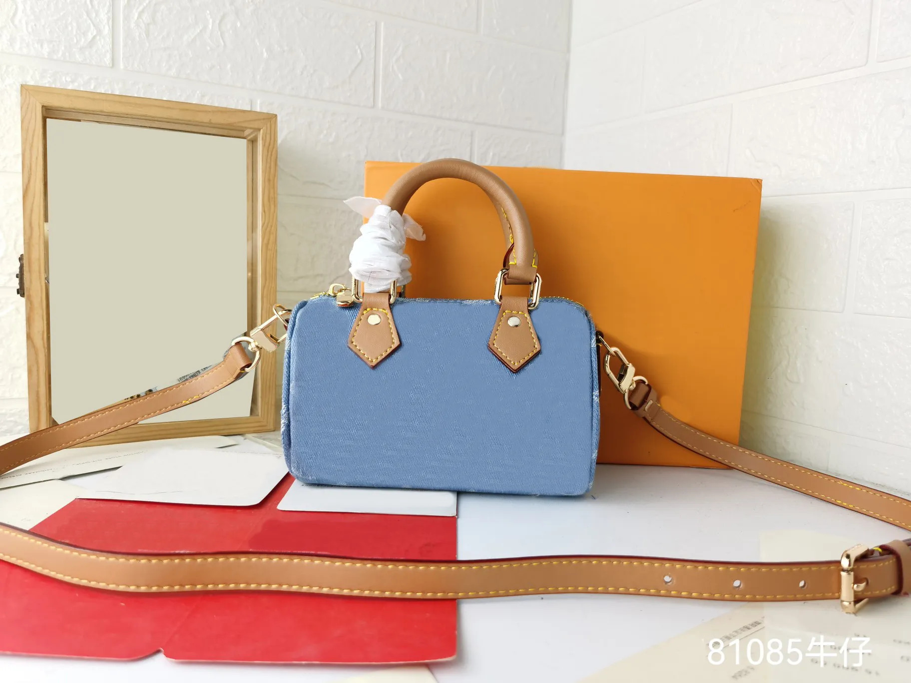 2024 Blue Denim Denim Pillow Bag Vintage Style Cowhide Leather Shaped Handle Detachable Shoulder ... | DHGate