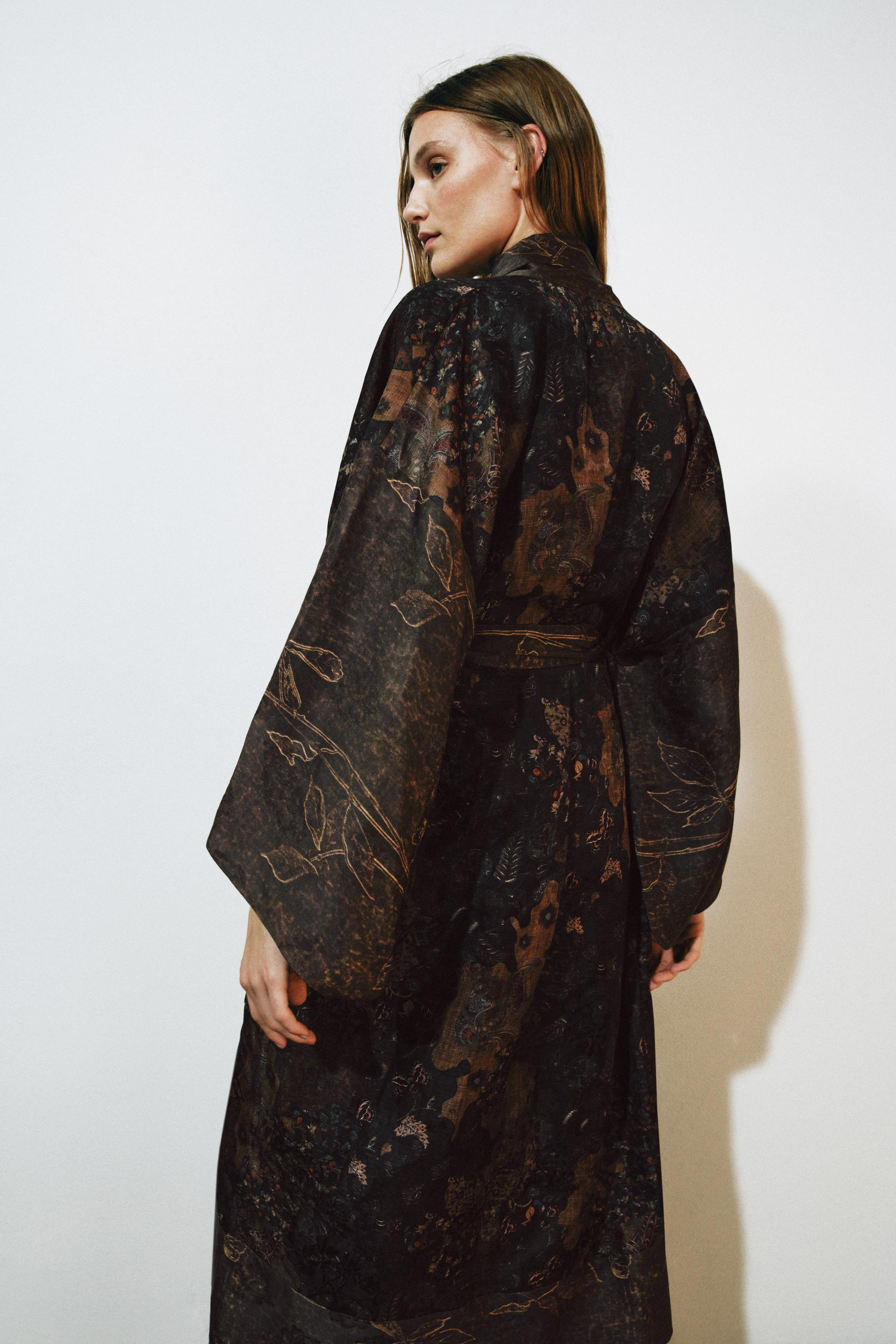 LINEN BLEND JACQUARD LONG KIMONO | Zara US