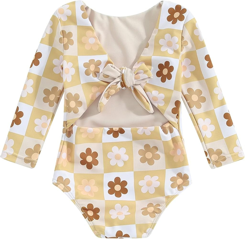 Toddler Baby Girl One-Piece Swimsuit Reversible Swimsuit Floral Knot Long Sleeve Bathing Suit Ras... | Amazon (US)
