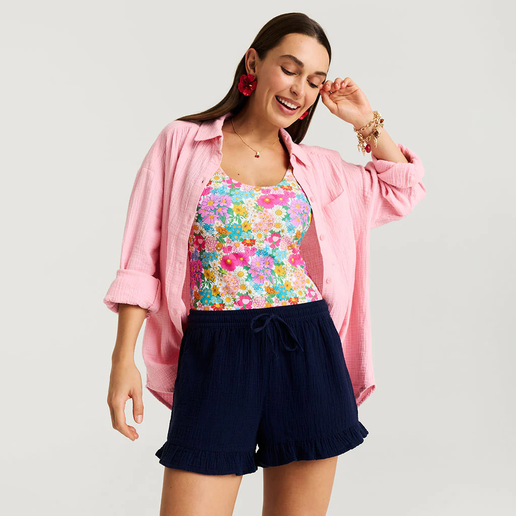 Solids Pink Long Sleeve Happy Pink Women's Cotton Crinkle Overshirt | Posh Peanut® | Posh Peanut