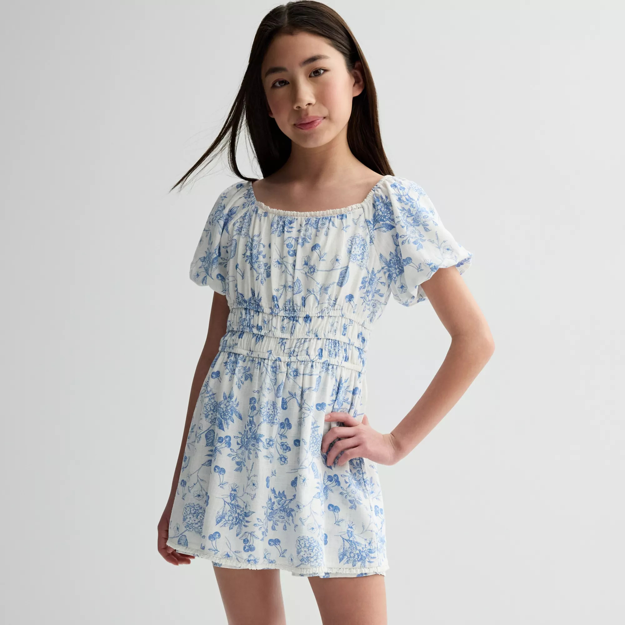 Girls 7-16 eyeshadow Puff Sleeve Smocked Waist Romper | Kohl's