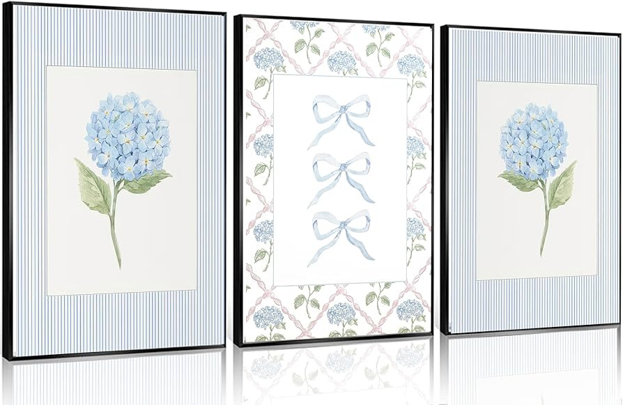 Trendy Blue Bow Canvas Wall Art Watercolor Hydrangea Coquette Paintings Pictures Wall Decor Coast... | Amazon (US)