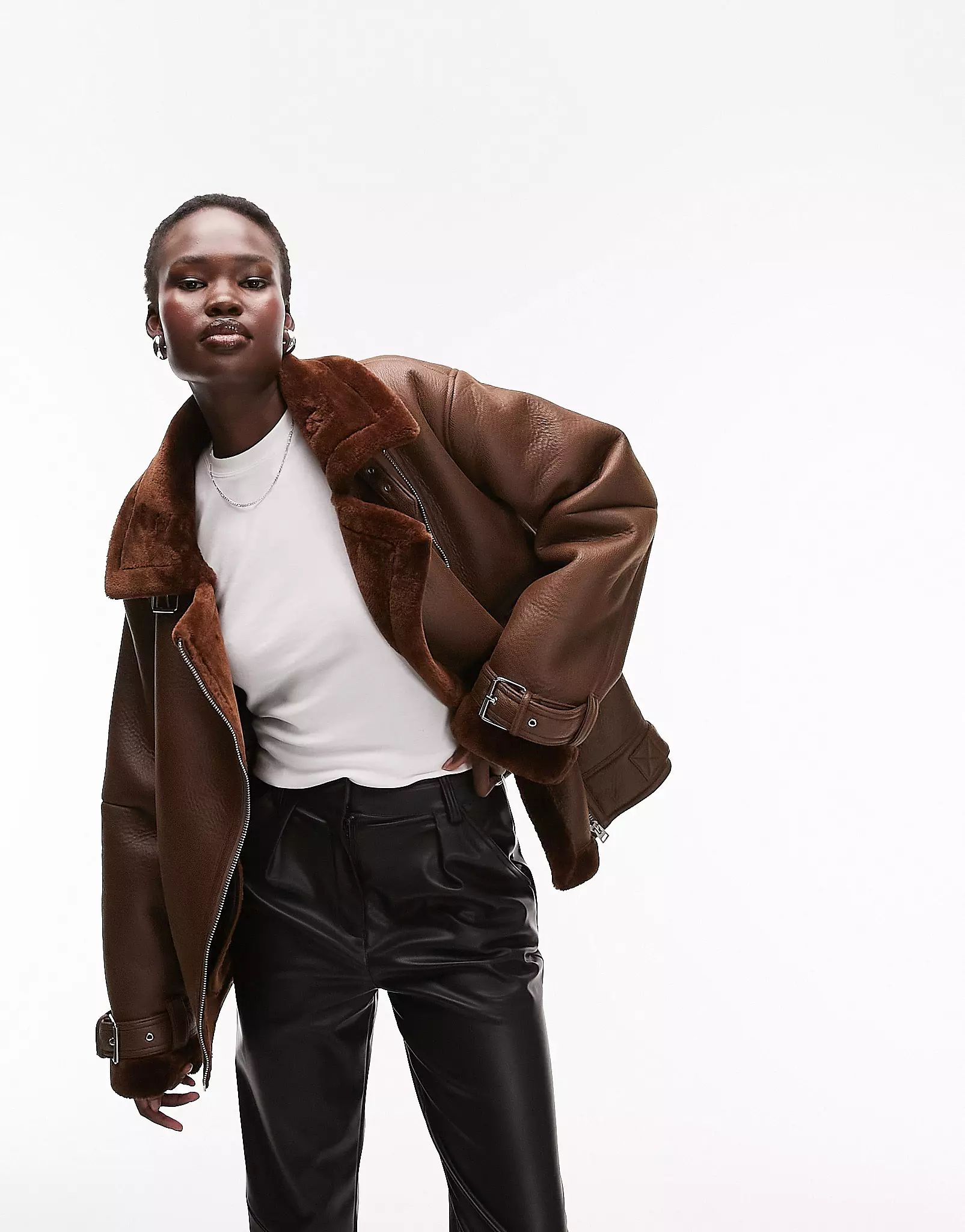 Topshop Tall faux leather shearling aviator biker jacket in chocolate | ASOS (Global)