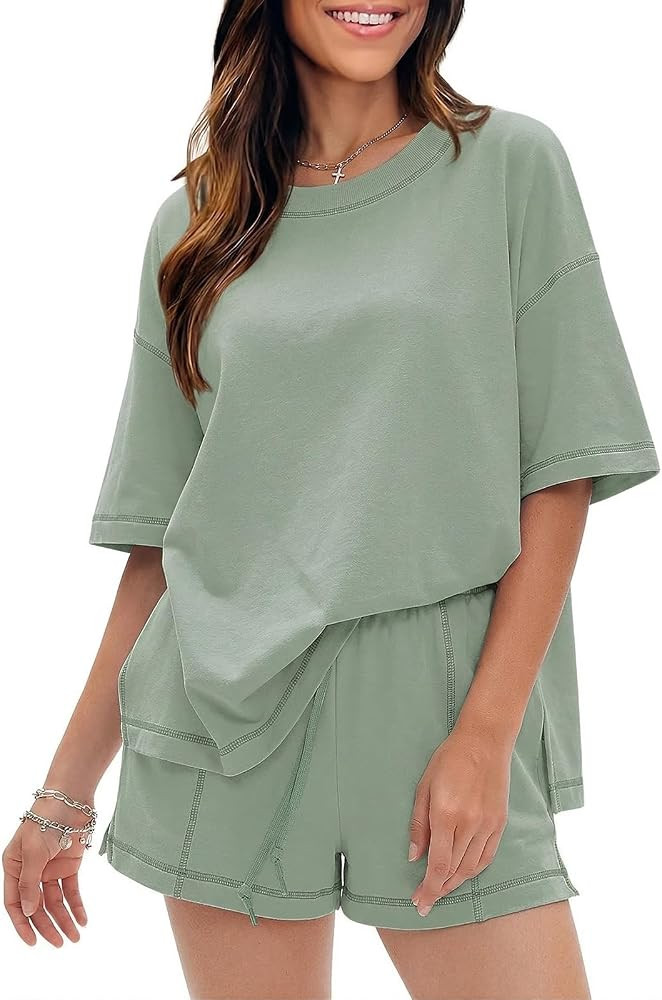 EXLURA Women's Casual Summer 2 Piece Sets 100% Cotton Short Sleeve Tshirt and Shorts Matching Swe... | Amazon (US)