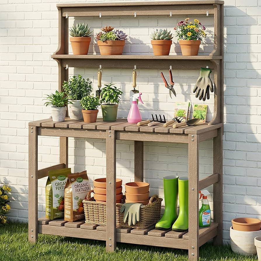 Outdoor Potting Bench with 3 Tier, All-Weather Patio Potting Table with Tool Hooks, HDPE Gardenin... | Amazon (US)