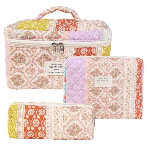Slpytc Large Floral Makeup Bag for Women, Quilted Cosmetic Toiletry Organizer, Travel Makeup Bag Set for Girls, Cute Cotton Bag for Back to School (Multicolored) | Amazon (US)