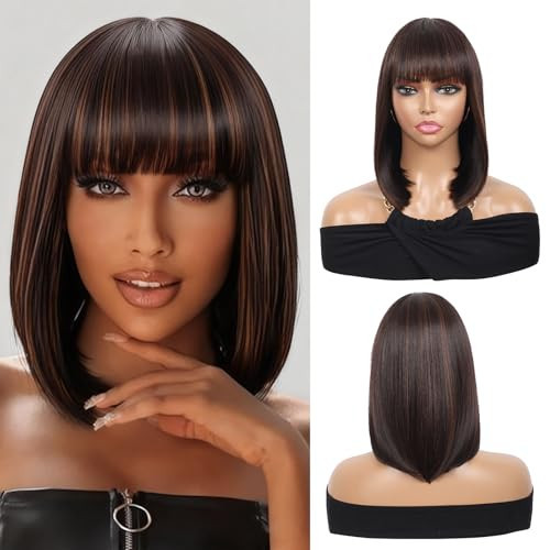 Kalyss Bob Wigs for Women Short Straight Bob Wig with Hair bangs Natural Looking Heat Resistant Synthetic Hair Wigs for Women 13 Inches (Brown Highlights) | Amazon (US)