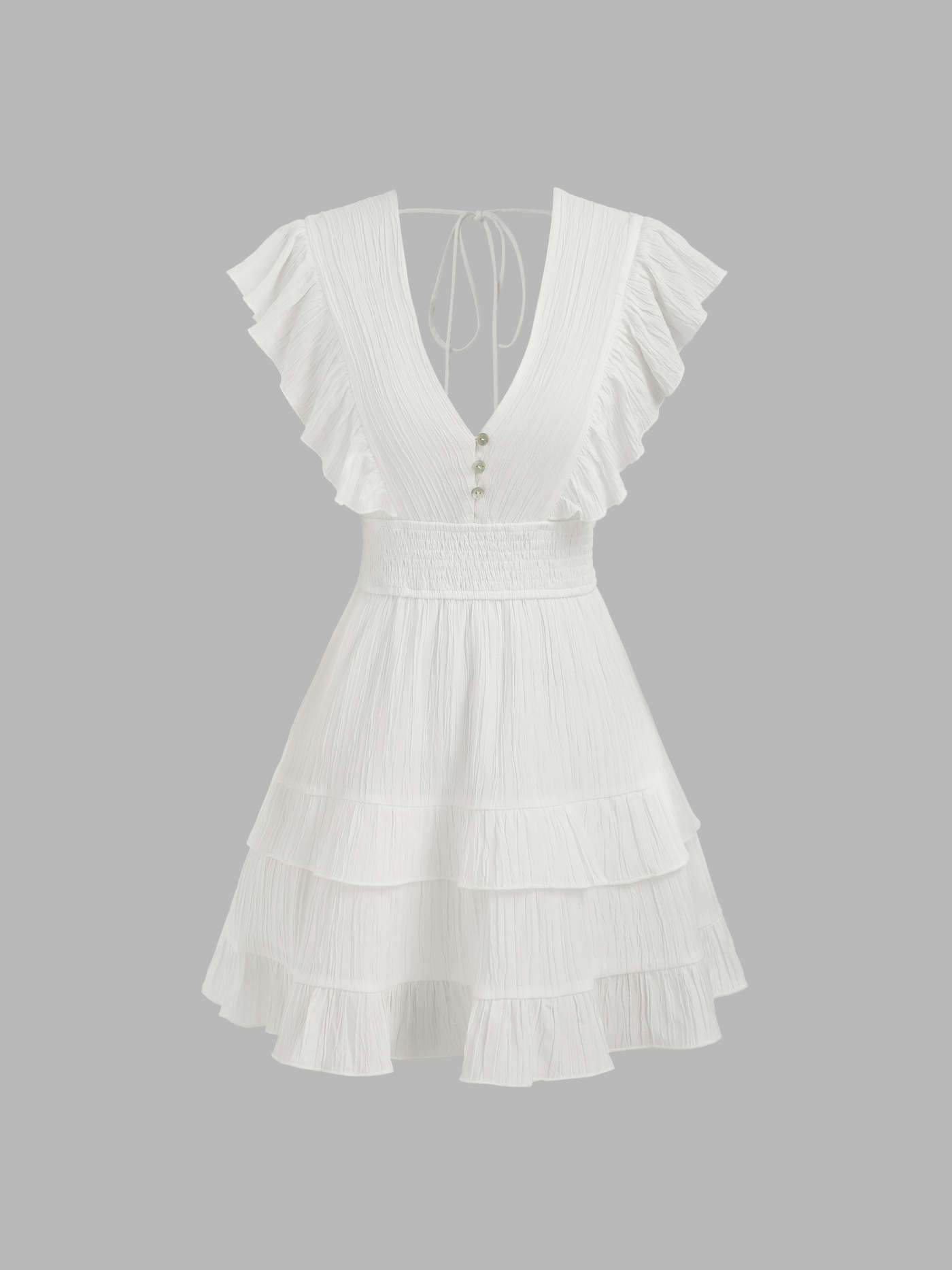 V-neck Shirred Layered Ruffle Hem Solid Mini Dress | Cider