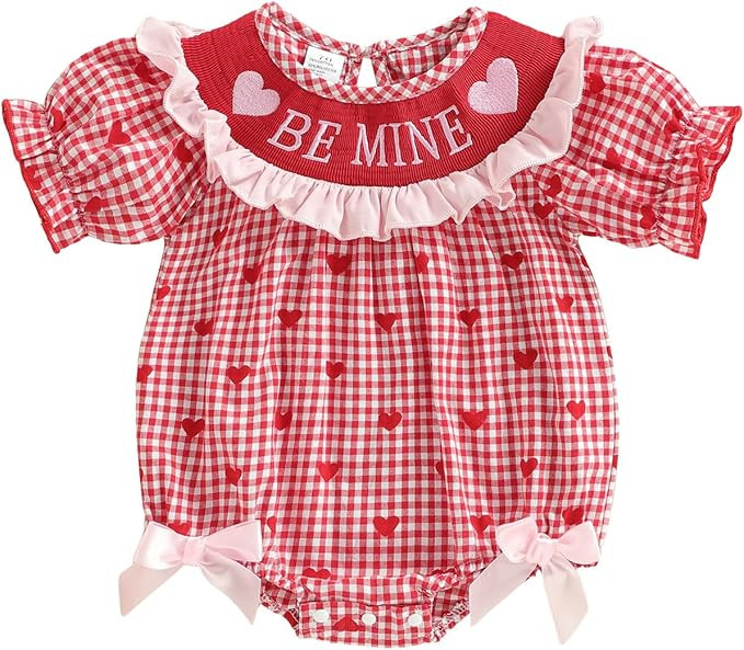 Baby Girl Valentines Day Outfit Be Mine Bubble Romper Short Sleeve Onesie Bodysuit Valentines Bab... | Amazon (US)
