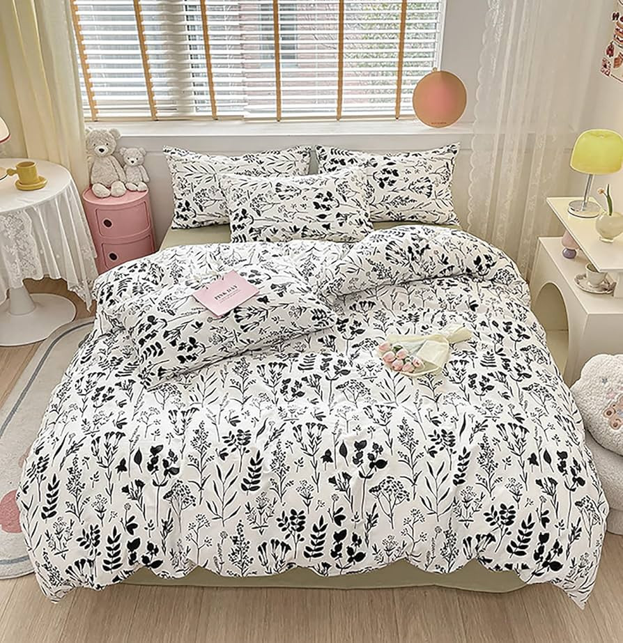 KAREVER Black Botanical Comforter Set Full White Black Floral Plant Bedding Comforter Set Girls G... | Amazon (US)