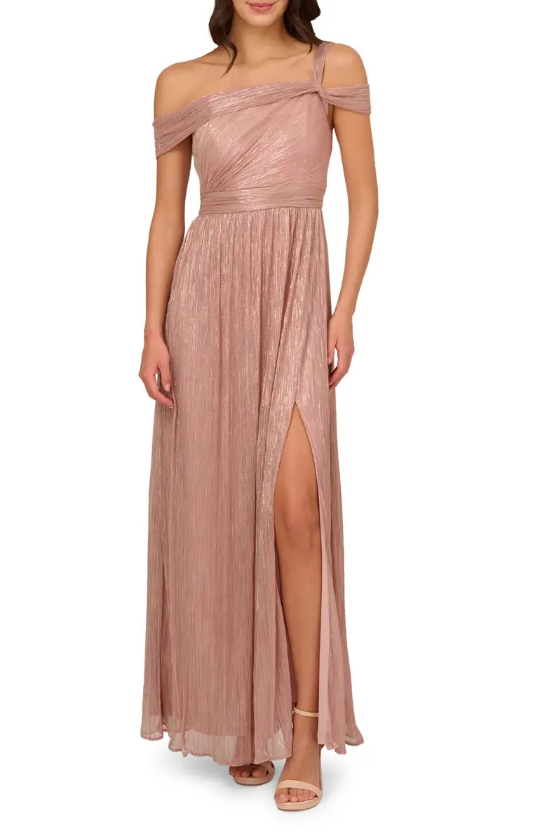 Adrianna Papell Metallic Crinkle Off the Shoulder Gown | Nordstrom | Nordstrom