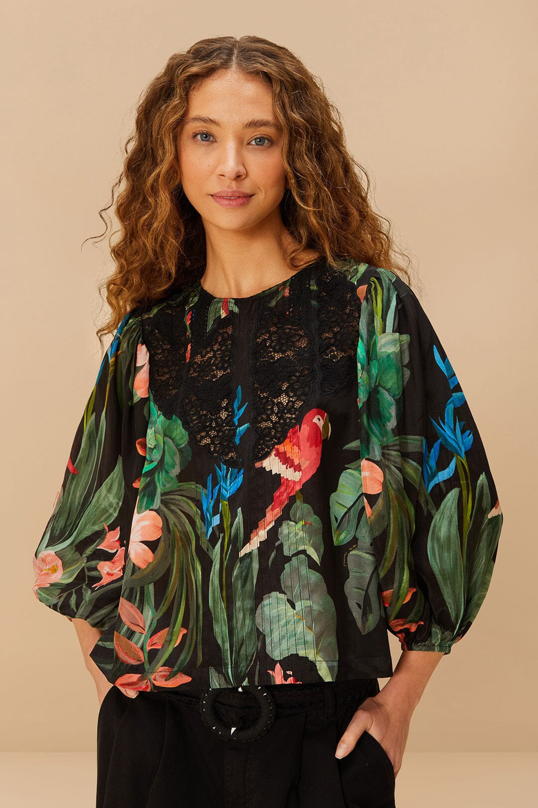 Midnight Macaw Fiesta Black Blouse | FarmRio (US)