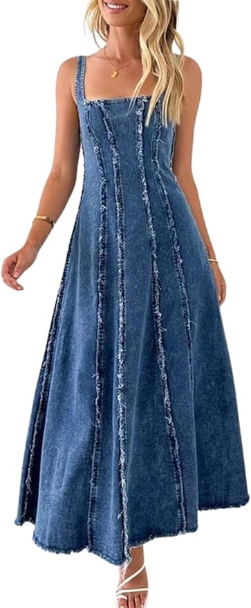 chouyatou Women's Adjustable Spaghetti Strap Maxi Long Denim Dress A-Line Swing Distressed Jean S... | Amazon (US)