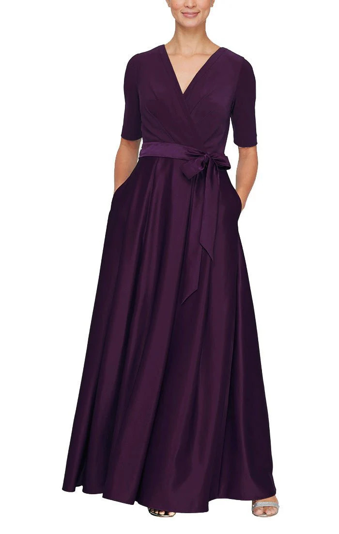 Surplice Neckline Ballgown with Full Satin Skirt &amp; Jersey Bodice | Alex Evenings