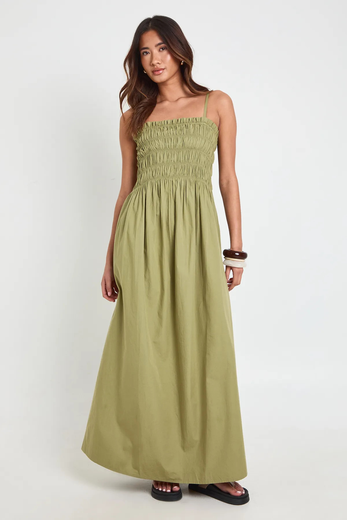 Light Khaki Cotton Poplin Shirred Bodice Maxi Dress | Boohoo | Boohoo.com (UK & IE)