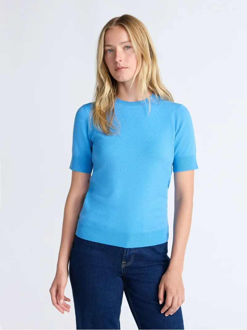 Free Assembly Women's and Women's Plus Cozy Yarn Shrunken Sweater Tee with Short Sleeves, Lightwe... | Walmart (US)