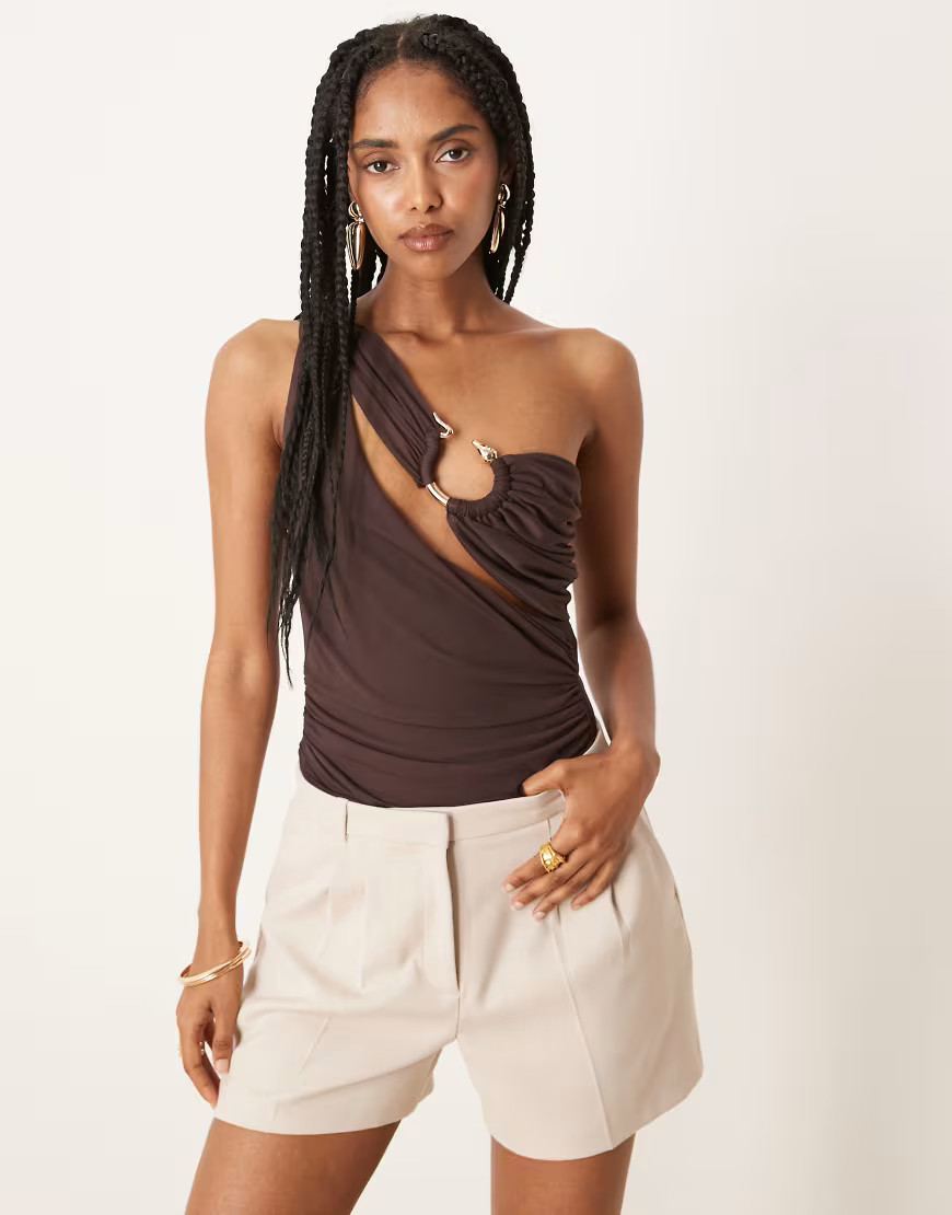 ASOS DESIGN one shoulder gold detail mesh bodysuit in chocolate-Brown | ASOS (Global)