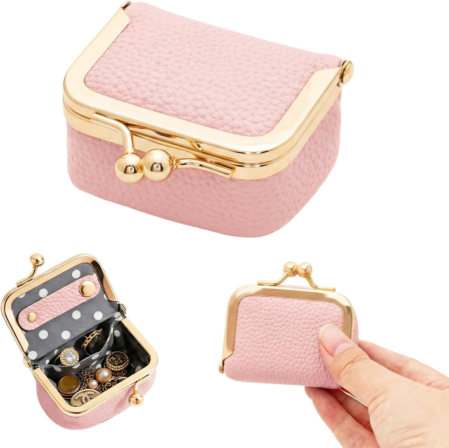 Genuine Leather Mini Jewelry Box Portable Vintage-Inspired Leather Small Coin Purse Jewelry Organizer Case Mini Travel Ring Box with Kiss Lock for Women Earring Ring Necklace | Amazon (US)