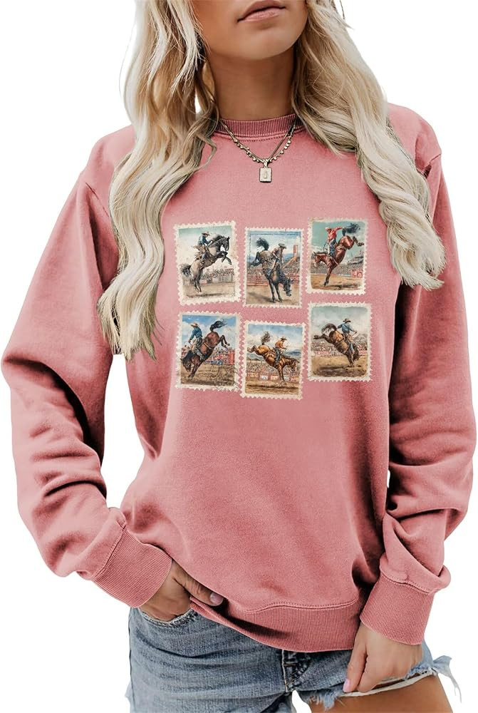 Women's Vintage Western Rodeo Riding Graphic Sweatshirt Cowboy Tops | Amazon (US)