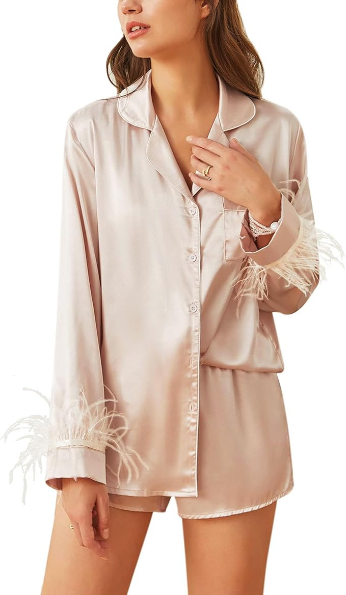 Ekouaer Women's Bridal Feather Trim Silk Satin Pajama Set Long Sleeve Lounge Sets Sleepwear (Remo... | Amazon (US)