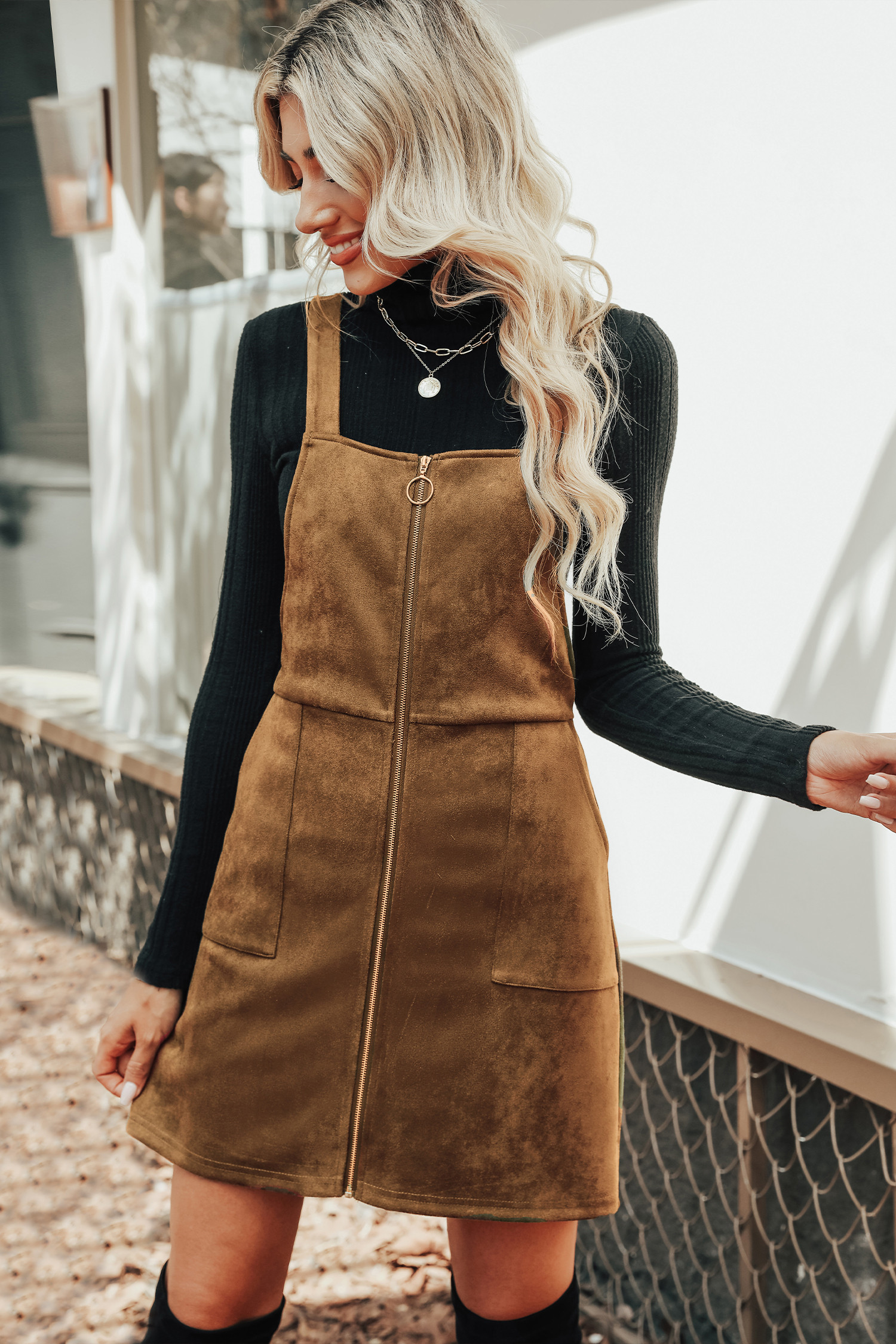 Orange Faux Suede Pull-Ring Pinafore Dress | Cupshe US