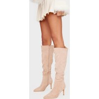 Beige Faux Suede Point Toe Ruched Knee High Stiletto Boots, Beige | PrettyLittleThing IE