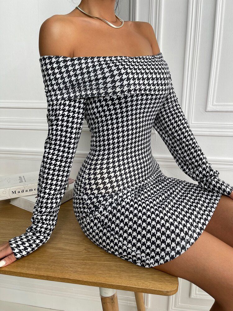 Houndstooth Print Off Shoulder Bodycon Dress | SHEIN