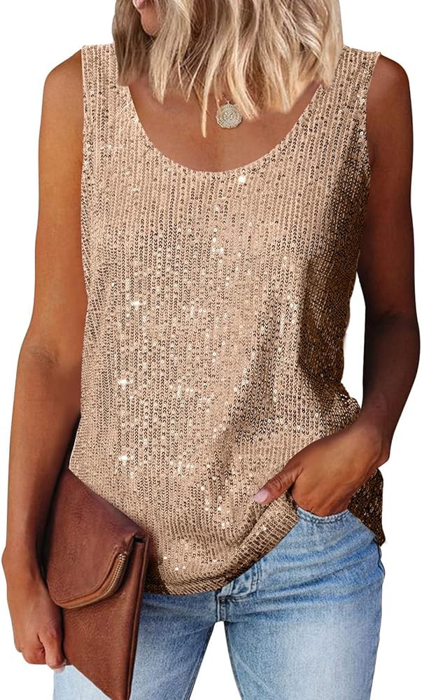 MLEBR Womens Summer Fashion Sequin Tops Scoop Neck Sequin Sparkle Shimmer Sleeveless Tanks Tops B... | Amazon (US)