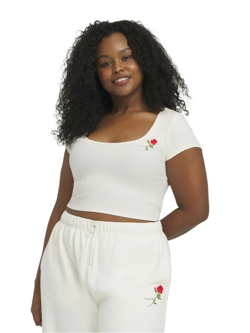 Mills by Millie Bobby Brown Women's Embroidery Ribbed Short Sleeve Crop T-Shirt, Sizes XXS-XXL | Walmart (US)