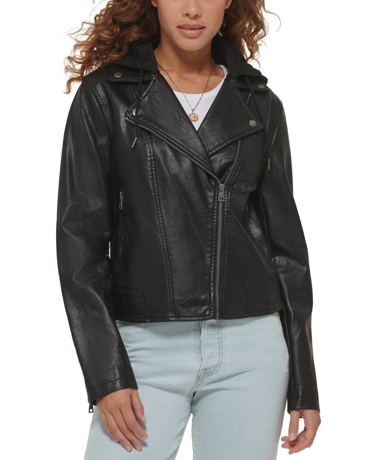 Levi's Women's Faux Leather Moto Jacket with Jersey Hood - Black | Macy's