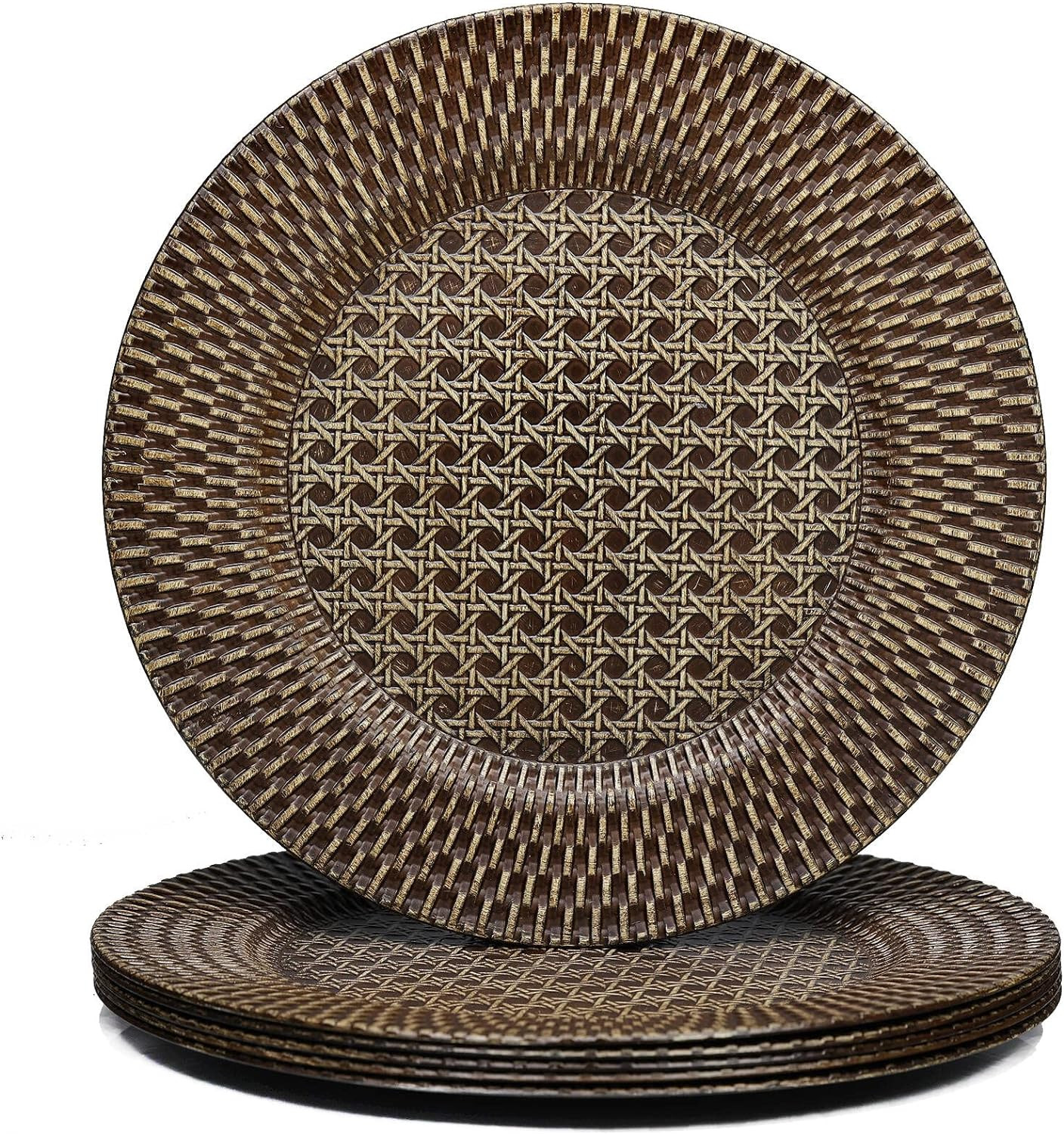 Spsyrine Faux Rattan Plastic Rustic Charger Plates, Set of 6 Elegant Round Plate Chargers for Dinner, Decorative for Events and Parties. (Plaid) | Amazon (US)