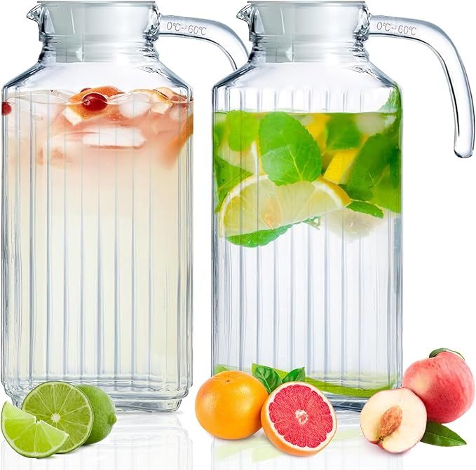 Glass Pitcher with Lid,2pcs Glass Fridge Pitcher with Handle,Large Capacity Beverage Container Pi... | Amazon (US)