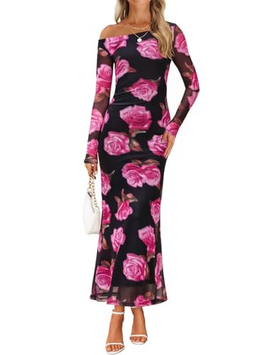 ZESICA Women's Long Sleeve Floral Maxi Dress 2025 Fall Off Shoulder Bodycon Ruched Mesh Cocktail Wedding Guest Dresses Purple Medium | Amazon (US)