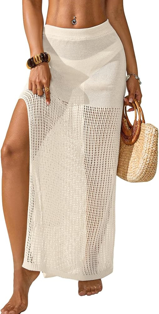 Womens Crochet Elastic Waist Beach Skirt Summer 2025 Hollow Out Sheer Side Slit Bathing Suit Cove... | Amazon (US)