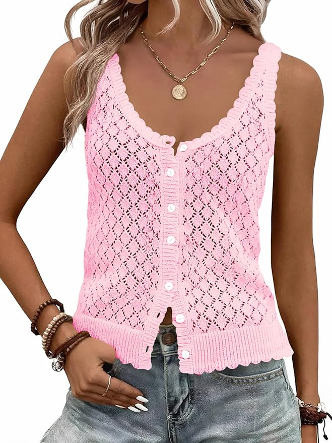 Fisoew Womens Sweater Tank Tops Summer Sleeveless Crochet Cardigan Button Down Boho Knit Going Ou... | Amazon (US)