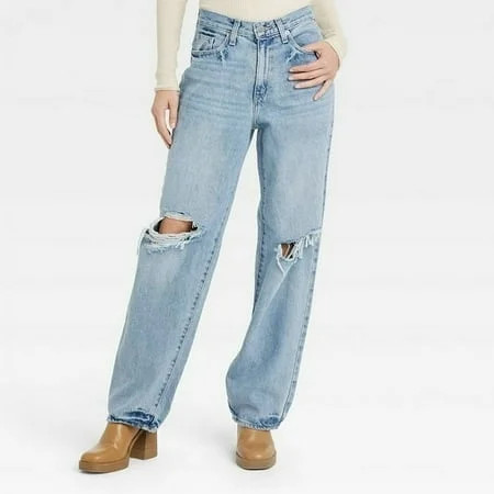 Women s Mid-Rise 90 s Baggy Jeans - Universal Thread™ Medium Wash Destroy 12 Short | Walmart (US)