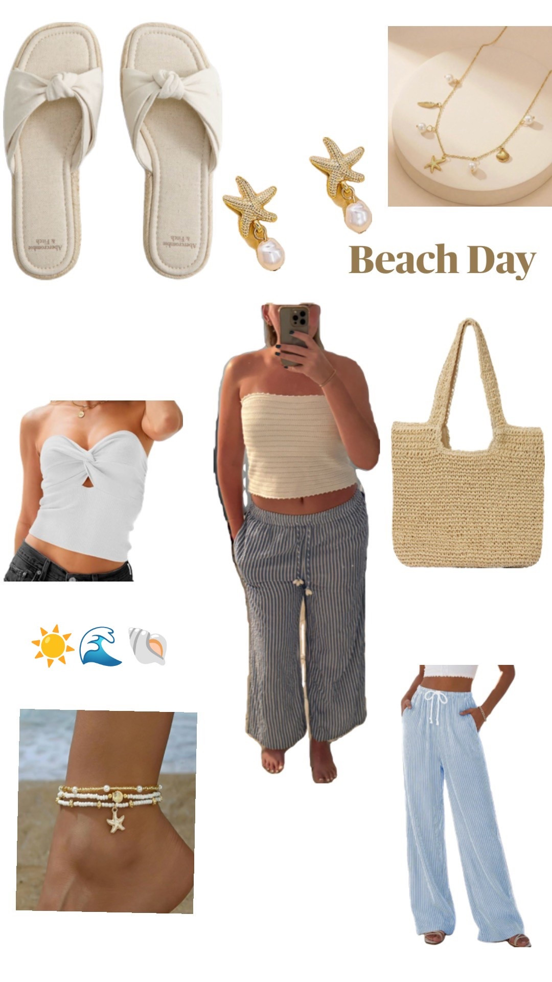 Beach day outfit idea 🤍  

I put together the perfect easy beach look with neutral accessories and comfy pieces you can throw on over a swimsuit. Think breezy striped pants, a simple tube top, woven tote, and the cutest coastal jewelry.  

Everything here is lightweight, effortless, and perfect for walking the beach, grabbing lunch, or heading to sunset drinks.  

Linking all the pieces so you can recreate the look for your next beach day or vacation 🌊☀️

#LTKSwim #LTKSeasonal #LTKTravel