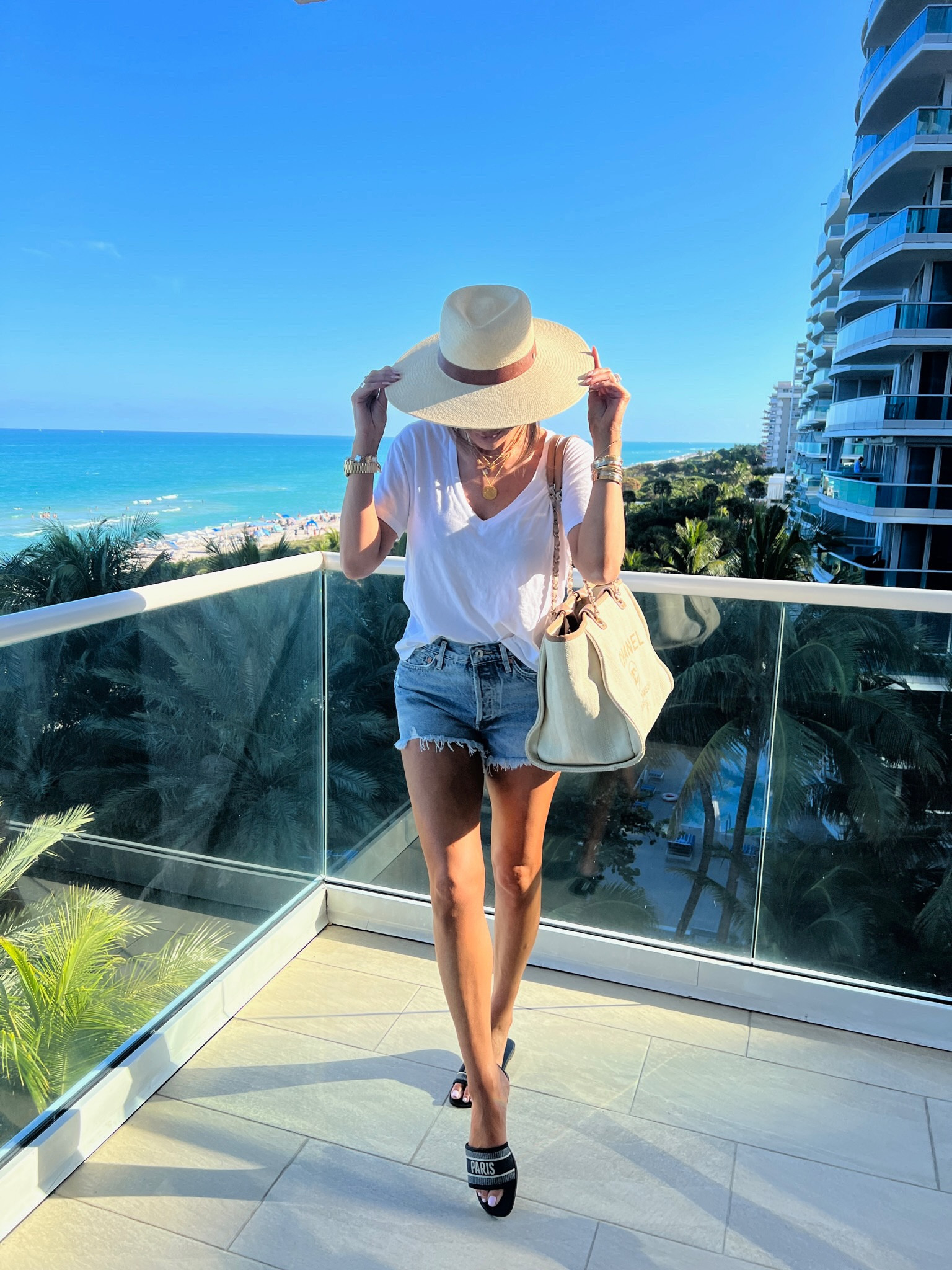 Wearing size 1 in shirt, size 26 in shorts. Slides are TTS.
Casual outfit ideas, slide sandals, Dior dupe sandals, Chanel deauville, Beach hat, straw hat, Beach outfit, summer basics, denim shorts, white t-shirt, emily Ann Gemma 

#LTKshoecrush #LTKstyletip